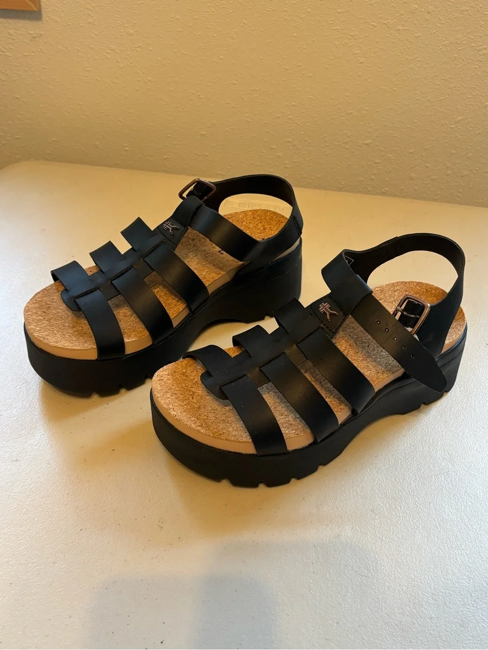 KURU Black Strappy Cork Footbed Sandals - Picture 2 of 8